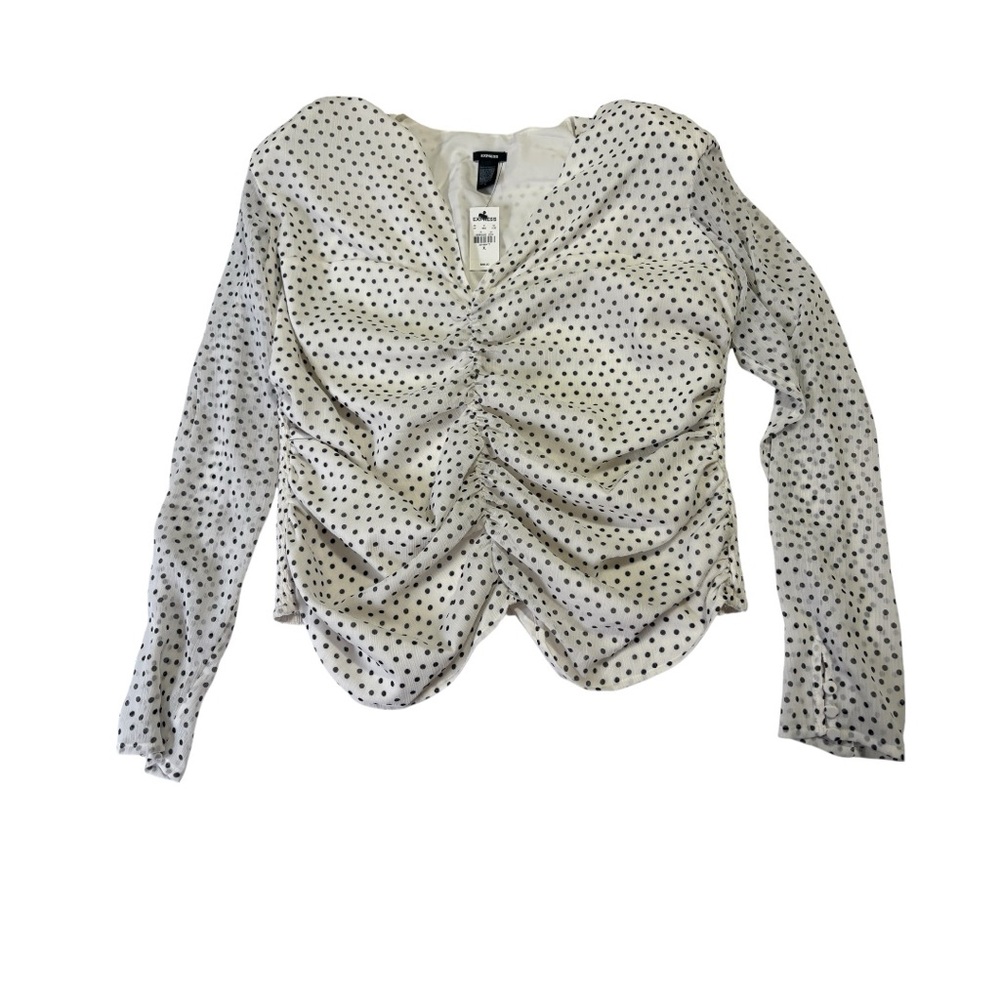 White and Black Polka Dot Ruched Blouse